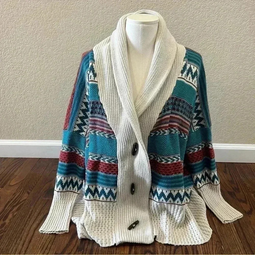 Cream and Teal Patterned Shawl Collar Cardigan Sweater